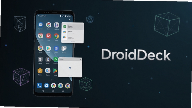 一张展示 DroidDeck 启动器整体界面的概念图,画面中央偏左为手机屏幕主体,屏幕内呈现类桌面系统的任务栏、应用图标网格与悬浮窗口,背景为深色科技感渐变空间,周围漂浮少量几何线框元素,整体风格干净现代,突出 DroidDeck 名称标识