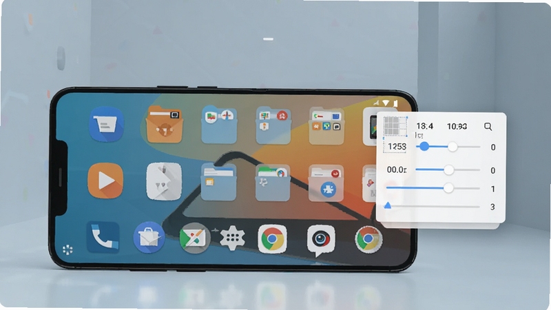 DroidDeck 自定义桌面网格功能展示图,画面主体为一部横放的安卓手机,屏幕上排列着可调节大小的应用图标与文件夹,旁边悬浮着网格参数调节面板,背景为浅灰蓝色极简空间,光线柔和,突出 DroidDeck 的个性化桌面编辑氛围