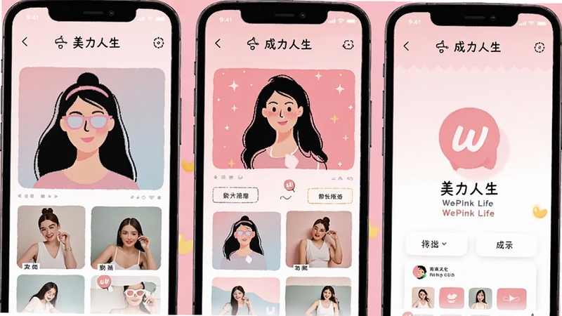 美力人生 WePink Life 女性用户手机界面展示多元内容社区与成长记录功能的扁平插画风格预览图