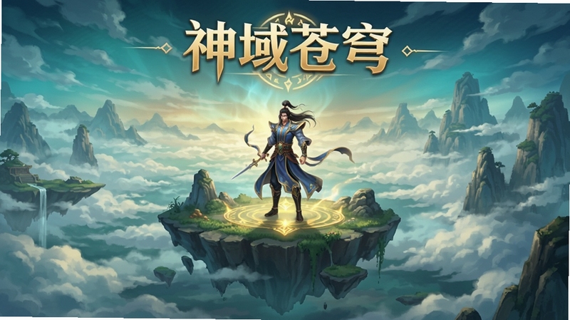 神域苍穹游戏主界面全景展示,画面中央为角色站立于悬浮仙岛之上,背景区域呈现云海与远山轮廓,整体色调偏青蓝与暖金交织,突出玄幻氛围与软件名称神域苍穹
