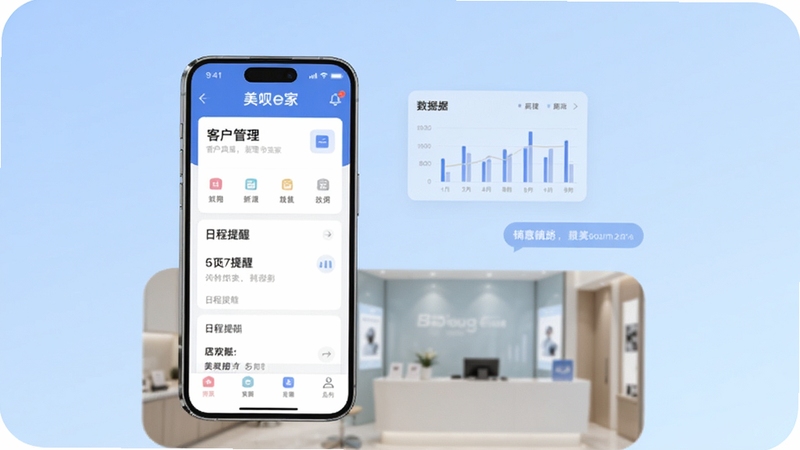 整体画面以浅蓝色渐变背景呈现,画面中央偏左位置放置一部竖屏智能手机,手机屏幕内显示美呗e家应用首页界面,包含客户管理卡片与日程提醒模块,右侧漂浮半透明数据图表与消息气泡,背景下方为虚化的现代医美门店前台场景,光线柔和明亮,整体风格简洁商务,适配Boogu模型生成