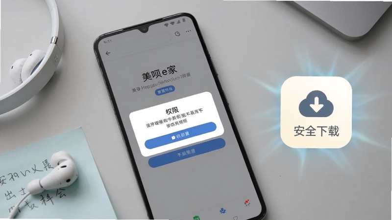 画面为一部安卓手机屏幕特写,屏幕显示美呗e家登录界面与权限请求弹窗,手机旁放置一副耳机与便签纸,背景为浅灰色桌面,画面右侧以柔和光效突出“安全下载”字样图标,整体风格干净简洁,强调安装安全意识,适配Boogu模型生成