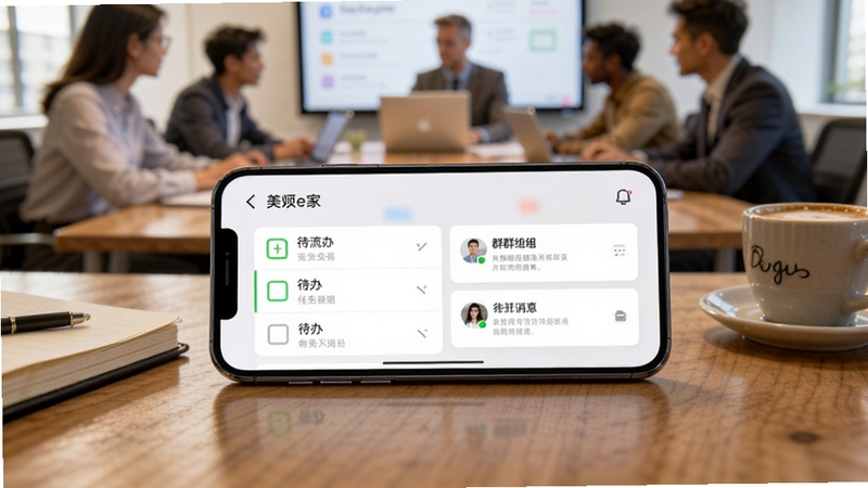 画面展示一部手机横置于木质桌面,屏幕内呈现美呗e家任务流转界面,包含待办列表与群组消息卡片,手机旁散落笔记本与咖啡杯,背景为虚化的团队会议场景,光线温暖,风格写实柔和,体现团队协作氛围,适配Boogu模型生成