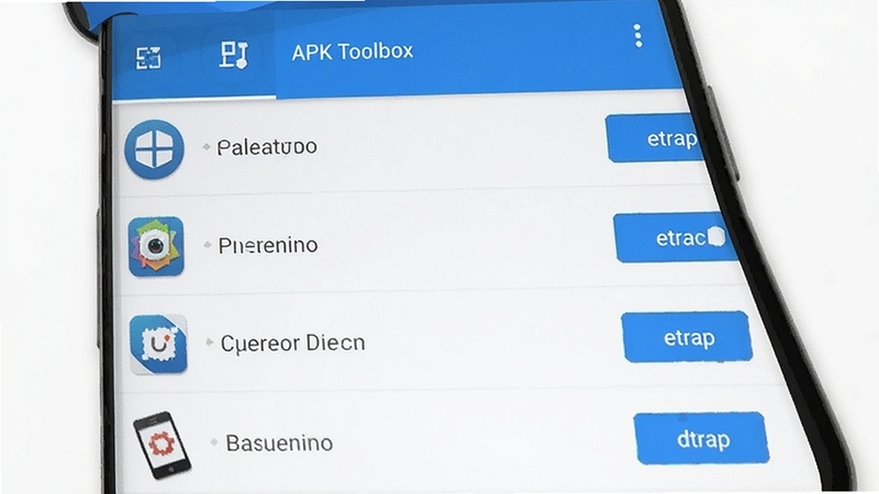 APK Toolbox 已安装应用备份提取功能界面,手机屏幕显示应用列表,每个条目右侧有提取按钮,画面色调以蓝白为主,背景干净整洁