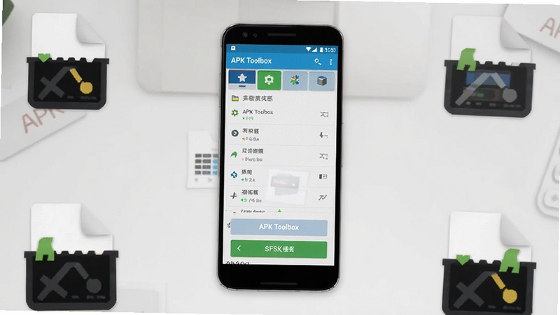 APK Toolbox 软件主界面预览图,画面中央展示一台安卓手机屏幕,屏幕内呈现 APK Toolbox 应用列表与功能按钮,背景为浅灰色桌面环境,整体风格简洁清爽,手机周围有少量 APK 文件图标点缀