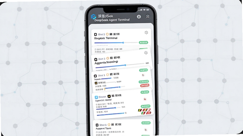 DeepSeek Agent Terminal 任务队列执行界面,手机屏幕展示多条任务卡片纵向排列,带有进度条与状态标签,背景为浅灰科技网格,简洁UI设计风格