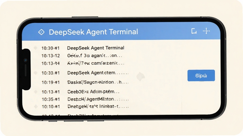 DeepSeek Agent Terminal 运行日志查看界面,手机屏幕显示带时间戳的日志列表,右侧有导出按钮,背景为淡雅米白色,界面干净清爽,扁平化设计