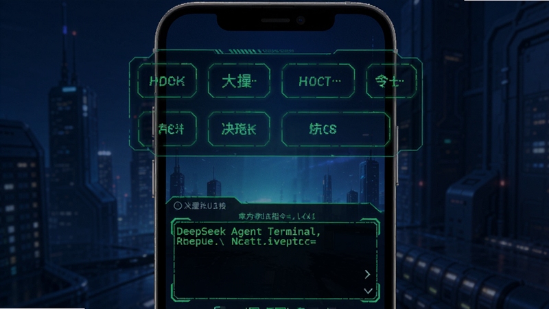 DeepSeek Agent Terminal 终端指令输入界面,手机屏幕下半部分为命令行输入框,上方悬浮快捷指令按钮面板,深蓝渐变背景配霓虹绿高亮,赛博终端视觉风格