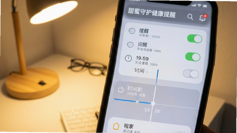 甜蜜守护健康提醒设置界面特写,手机屏幕显示多个提醒开关与时间轴,背景为简洁书桌一角,暖色调灯光,UI元素清晰可辨,画面干净利落