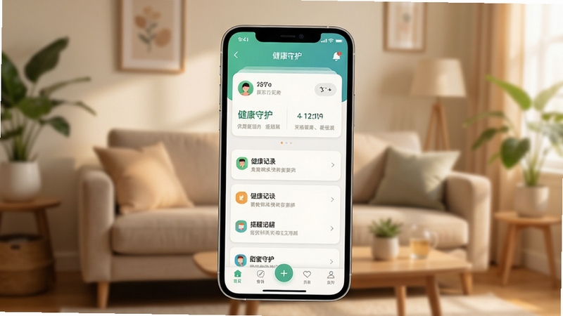 甜蜜守护应用主界面全貌展示,画面中心为手机屏幕中的健康记录卡片与提醒列表,背景为温暖居家客厅环境,柔和自然光,扁平化UI风格,细节清晰,构图居中稳定