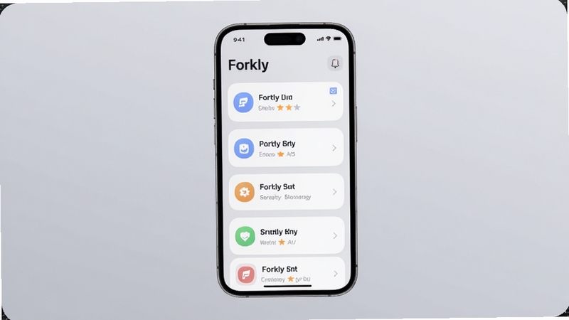 Forkly 轻量任务聚合界面展示,手机屏幕中央是简洁的任务卡片列表,背景为浅灰渐变,图标圆角柔和,整体风格清爽现代