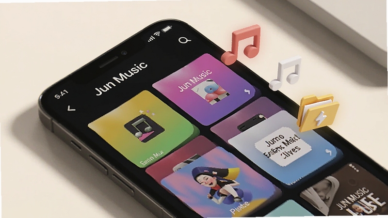 ��������Ϊһ���ֻ�չʾ Jun Music �ĸ赥�������棬��Ļ�����ж����ɫ�赥��Ƭ���Ա��������������ļ���ͼ�꣬����Ϊů��ɫ���������������ͶӰ�����������ˬ�ı�ƽ����Ʒ������ Boogu ģ������