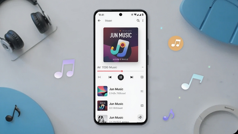 ��������Ϊһ��������׿�ֻ����з��ã���Ļ�ڳ��� Jun Music ���ֲ��������棬����ר�����桢���Ž�����������б�������Ϊǳ����ɫ����Ĺ���̨������Χ��׺����������ͼ������͹��Σ������������£����� Boogu ģ������