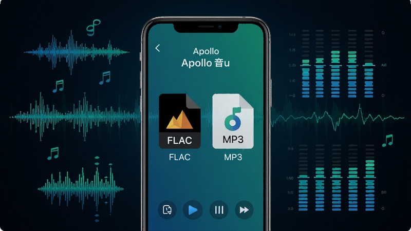 Apollo���ֶ��ʽ��Ƶ��������չʾ����������Ϊ�ֻ���Ļ��ʾFLAC��MP3�ļ�ͼ�겢�У�����Ϊ��ɫ�Ƽ��н��䣬��ΧƯ����Ƶ�������������״ͼ������ɫ��������Ϊ�������ֽ��������ʵ��ڸ���