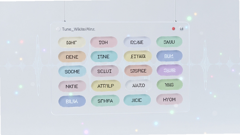 Boogu模型生成,画面为一块悬浮在浅色空间中的半透明信息面板,面板上整齐排列着Tune Wikite的曲风标签胶囊按钮,包括流行、摇滚、电子、民谣等字样,标签以不同柔和色彩区分,背景有细微的声波线条与光点装饰,整体呈现清爽的科技感与秩序感