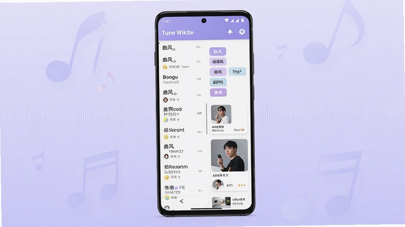Boogu模型生成,画面中心是一台竖屏安卓手机,屏幕上展示Tune Wikite应用的音乐百科界面,左侧为曲目列表,右侧为曲风标签与艺人简介卡片,背景为柔和的浅紫色渐变并散布着半透明的音符与声波纹理,整体风格清新扁平,光线明亮均匀,构图简洁突出手机主体