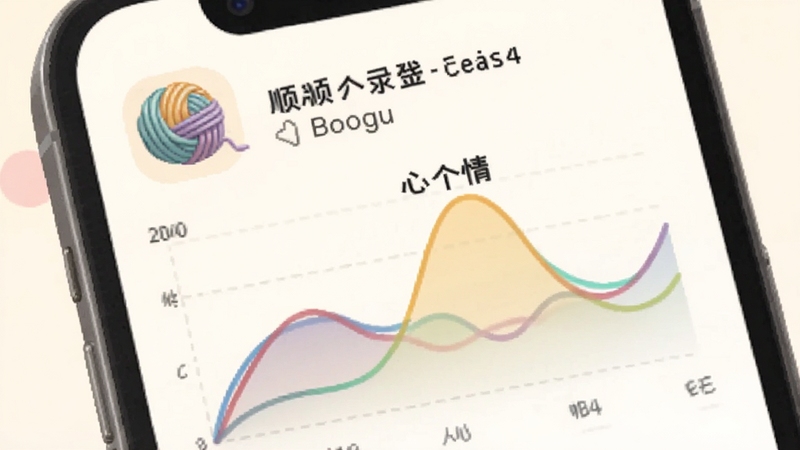 顺个毛线心情记录页面预览图,画面展示手机界面中彩色心情曲线图表与毛线球图标组合,背景为柔和米白色,图表线条流畅,整体氛围温馨治愈,适配Boogu模型生成