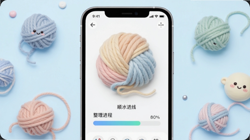 顺个毛线软件主界面全貌展示,画面中央是手机屏幕特写,屏幕内呈现色彩柔和的毛线缠绕图案与整理进度条,背景为浅蓝色渐变桌面环境,周围点缀几个卡通毛线球元素,整体风格清新明快,适配Boogu模型生成