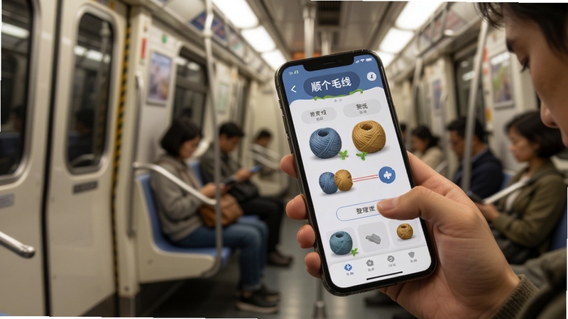 顺个毛线离线使用场景图,画面描绘用户在地铁车厢内手持手机玩顺个毛线的场景,手机屏幕显示毛线整理界面,背景为车厢内部环境,光线柔和,突出便携离线特性,适配Boogu模型生成