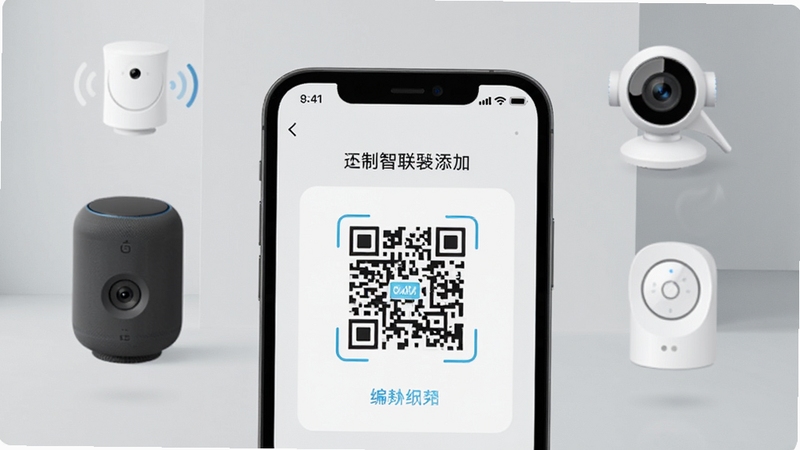 图灵智联设备添加界面特写,画面展示手机屏幕中扫码绑定流程,屏幕周围环绕智能音箱、摄像头、传感器等设备图标,背景为浅灰色简约空间,光线柔和均匀,突出操作便捷感