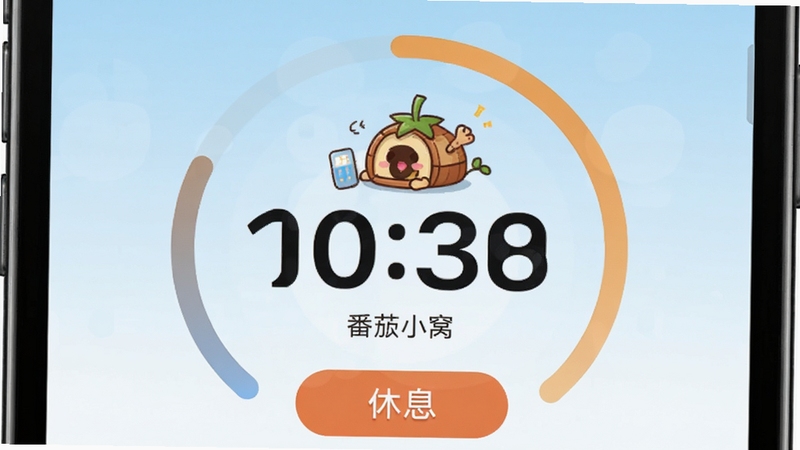 专注小窝应用内的番茄钟计时界面特写,屏幕中央显示倒计时数字与卡通小窝形象,周围有进度环和休息提示按钮,背景为淡蓝色渐变,风格清新简洁,突出计时功能与趣味陪伴感