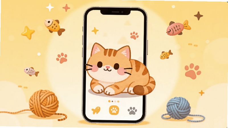 治愈喵应用主界面全貌展示,画面中央是一只软萌橘猫趴在手机屏幕中央的卡通场景,背景为暖黄色渐变柔和光晕,四周点缀小鱼干、毛线球、猫爪印等可爱元素,整体风格清新治愈,扁平化插画质感,适合作为软件宣传主视觉