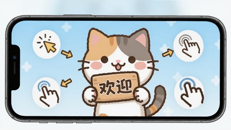 治愈喵新手使用引导界面,画面为手机屏幕特写,屏幕中显示一只卡通猫咪举着写有“欢迎”字样的小牌子,周围有箭头指示点击、滑动等操作手势图标,背景为浅蓝色渐变,整体风格简洁明快,适合教程配图