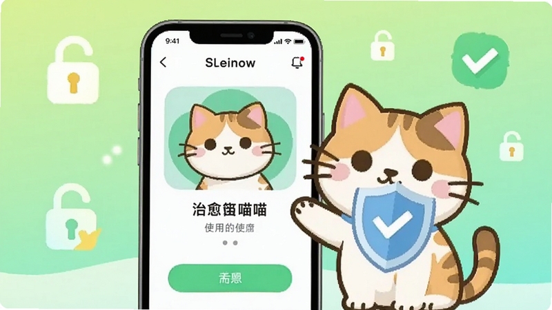 治愈喵安全使用场景图,画面为手机屏幕显示治愈喵应用界面,旁边有一只卡通猫咪戴着安全盾牌图标,背景为浅绿色渐变,点缀锁形与对勾图标,整体风格简洁可信,传达安全放心的视觉感受