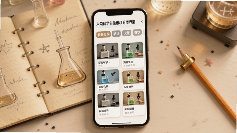 δ�ؿ�ѧʵ��ģ�������棬�ֻ���Ļչʾ������ѧ��ѧ�Ʊ�ǩҳ��ÿ����ǩ�������Ŷ��ʵ����Ŀ��Ƭ������Ϊʵ���������ӽǣ��бʼǱ���Ǧ����Ϊ��׺��������ø��ӹ�ͼ��ɫ����ů���