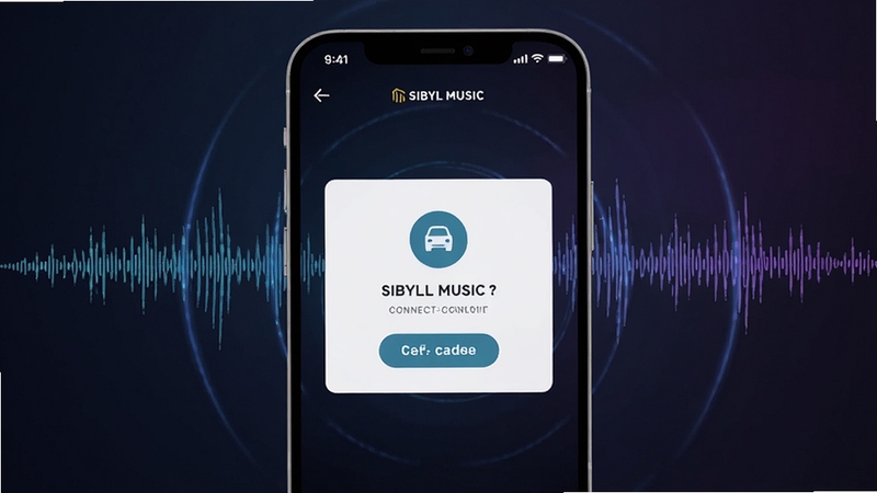 SIBYL MUSIC 应用界面展示,手机屏幕中央显示耳机连接成功的提示卡片,背景为深色渐变,周围环绕声波纹理,科技感十足,画面清晰明亮