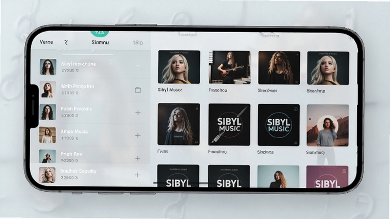 SIBYL MUSIC 本地音乐管理页面示意图,手机界面展示歌曲列表与专辑封面网格,整体色调清爽,背景为浅色磨砂质感,突出列表排列整齐