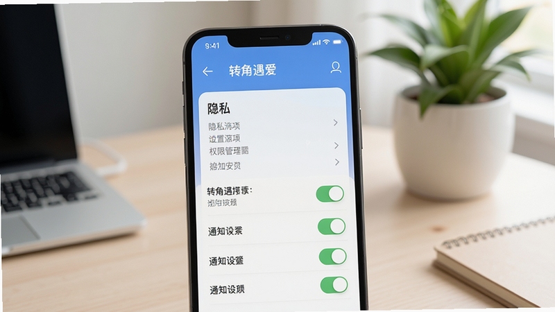 转角遇爱应用设置与权限管理界面示意,手机屏幕展示隐私选项与通知开关列表,界面干净整洁,背景为简约书桌与绿植,光线柔和,画面风格清爽现代,突出安全设置主题