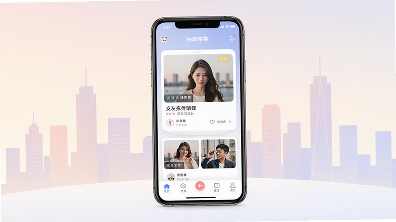 陌聊探约会应用主界面全景展示,画面中央为手机屏幕内呈现交友推荐卡片与底部导航栏,背景为柔和渐变浅色城市剪影,整体风格清新明亮,突出社交应用核心氛围
