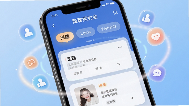 陌聊探约会功能界面特写,画面展示手机屏幕内兴趣标签选择页与话题卡片列表,周围环绕柔和光效与社交图标元素,背景为浅蓝渐变,整体呈现科技感与亲和力并存的视觉风格