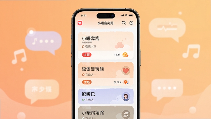 画面主体为小暖窝应用内的语音房间列表页,手机屏幕居中展示多个不同主题的房间卡片,卡片上有房间名称、在线人数和主题标签;背景为暖色渐变与漂浮的对话气泡元素,整体色调柔和,突出语音社交氛围