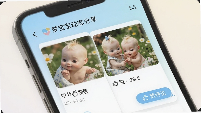 梦宝宝动态分享页面,手机界面呈现图文卡片与点赞评论按钮,背景为浅色渐变,整体风格清新