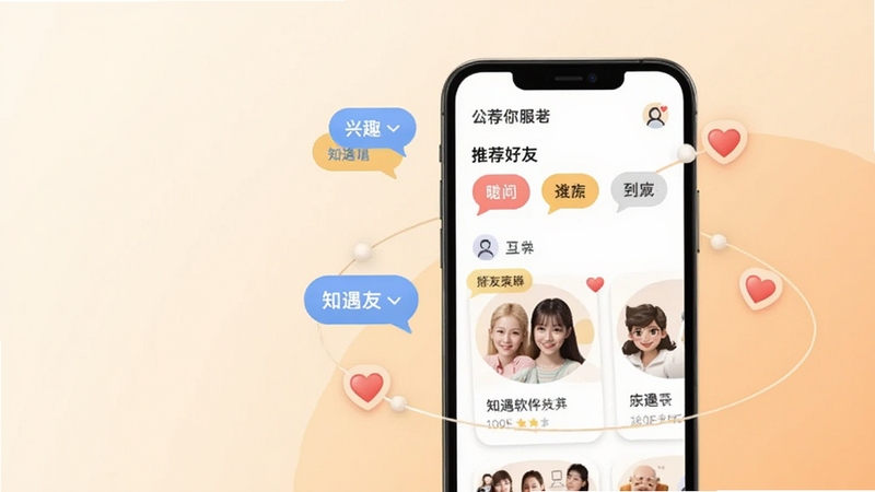 知遇软件好友推荐页面视觉展示,画面主体位于画面中央偏右,展示手机界面中的兴趣标签与推荐好友卡片,背景区域为浅米色到淡橙色的柔和渐变,画面细节包含对话气泡、心形连接线等社交元素,整体氛围温暖友好,适配Boogu模型生成