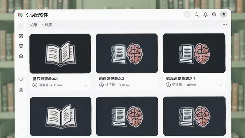 画面展示心配软件内的知识库列表界面,排列着多张图文卡片,卡片上印有书籍与大脑图标,背景为浅绿色书架场景,光线柔和,突出专业心理知识学习氛围