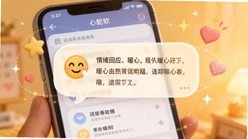 画面展示心配软件界面中弹出柔和的气泡对话框,气泡内带有微笑表情与暖心文字,手机周围环绕着星星与爱心元素,背景为暖黄色调,体现智能情绪回应的温馨场景