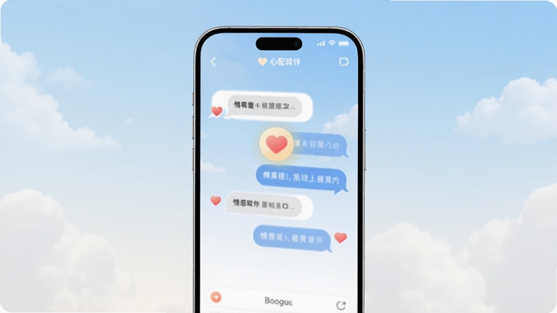 画面主体为一部智能手机屏幕,屏幕中央显示心配软件柔和的对话界面与温暖的心形图标,背景为淡蓝色渐变天空与飘浮的云朵,整体风格清新治愈,突出情感陪伴主题,适配Boogu模型生成