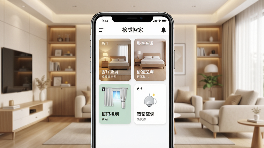 一张展示榜威智家手机应用主界面的效果图,画面中央是一部竖屏智能手机,屏幕内显示“榜威智家”APP的首页,包含客厅灯光、卧室空调、窗帘控制等卡片式设备模块,背景为温馨的现代家居客厅,浅色调,布局简洁清晰,风格为写实产品展示,细节丰富,画质高清,画面干净无多余元素