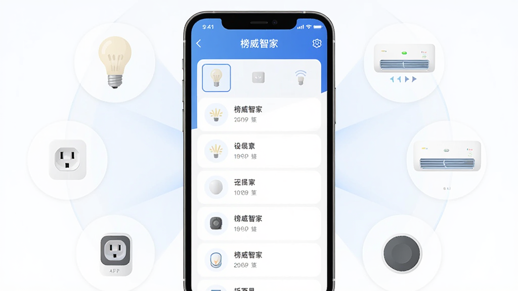 榜威智家APP设备添加界面展示图,画面主体为手机屏幕特写,屏幕上显示“榜威智家”的设备扫描列表,周围环绕着智能灯泡、智能插座、空调等设备图标,布局采用中心辐射式构图,风格为扁平化科技感,细节清晰,画质干净,无多余装饰元素