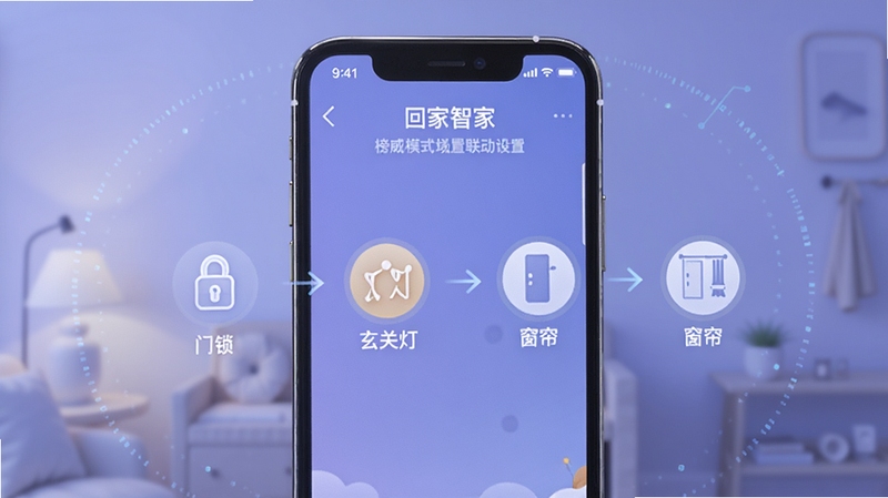 榜威智家场景联动设置页面,手机界面显示回家模式编辑界面,包含门锁、玄关灯、窗帘等设备图标与联动箭头,背景为柔和蓝紫色渐变,画面富有科技感与生活气息