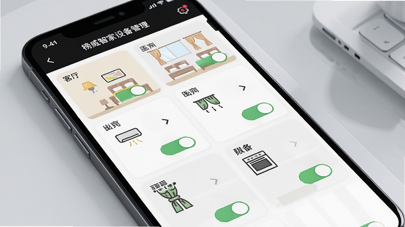 榜威智家设备管理界面特写,手机屏幕展示客厅、卧室、厨房等房间分组卡片,每张卡片内有灯光、空调、窗帘图标与开关按钮,背景为浅灰色极简桌面,画面清晰明亮,体现统一管理便捷性