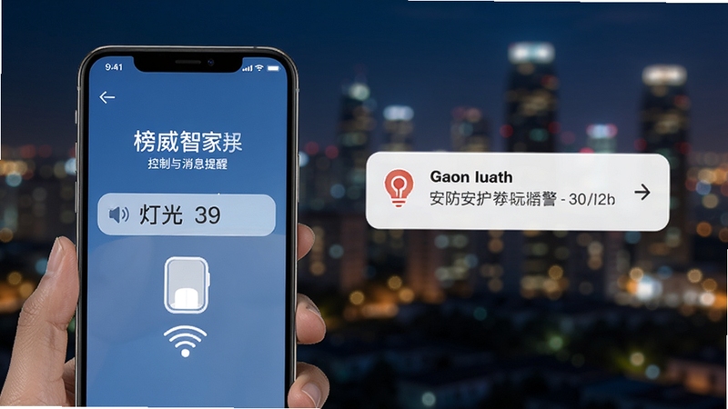 榜威智家远程控制与消息提醒界面,手机屏幕展示异地远程操控灯光开关与一条安防告警推送通知,背景为城市夜景虚化效果,突出远程守护主题