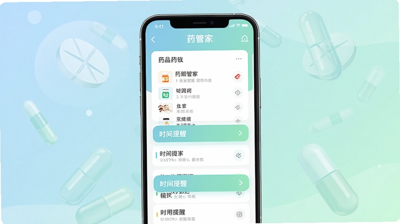 画面主体为一部竖屏智能手机居中放置,屏幕显示药管家应用主界面,界面中有清晰的药品清单卡片与时间提醒条目,背景为柔和的浅蓝到浅绿渐变区域,点缀半透明的药片与胶囊图形,整体风格清新简洁,适合软件下载站展示,包含药管家字样
