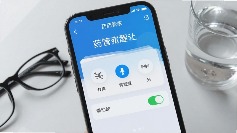 一部手机屏幕特写,显示药管家提醒设置页面,页面中有铃声选择与震动开关选项,背景为浅灰色桌面区域,旁边放置一副眼镜和一杯水,画面生活化且清晰,体现用药提醒设置场景,包含药管家界面