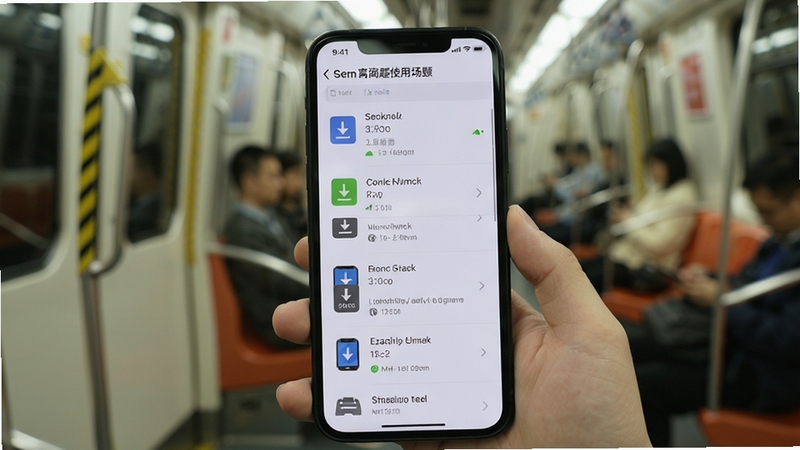 锦题智阅离线使用场景,手机屏幕显示已下载内容列表与离线标识,画面主体为手持手机坐标居中,背景为地铁车厢虚化环境,细节包含下载完成图标与网络状态提示,风格生活化