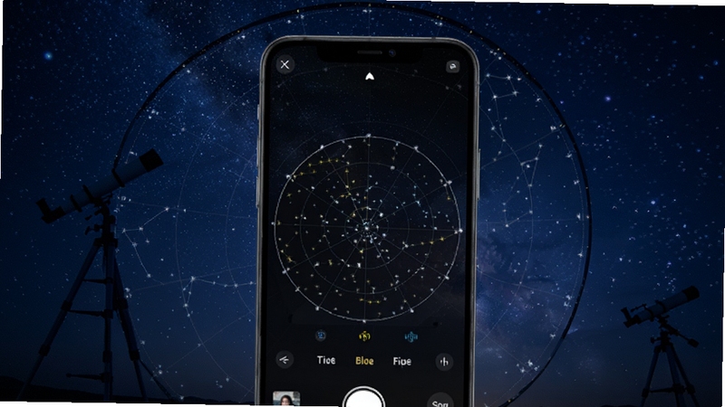 对准星空软件主界面展示,手机屏幕呈现星图识别画面,背景为深蓝色夜空点缀繁星,画面主体为手机与星空融合的构图,科技感与天文氛围兼具,适配Boogu模型生成