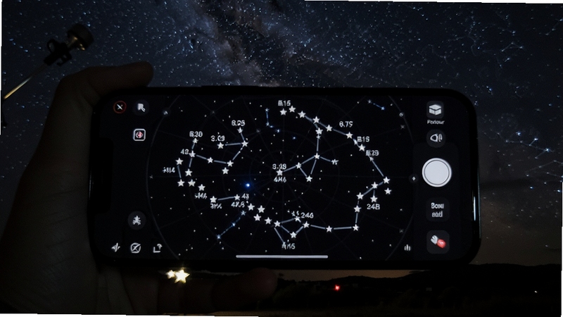 对准星空实时星图识别功能展示,手机屏幕显示星座连线与星体标注,背景为真实夜空场景,画面风格写实清晰,突出软件识别效果,适配Boogu模型生成